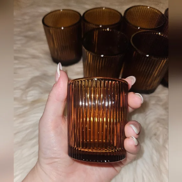 Amber Ribbed Decor Set | Ashland Vase + 8 Glass Candle Jars | Wedding/Home Décor - Picture 2 of 4
